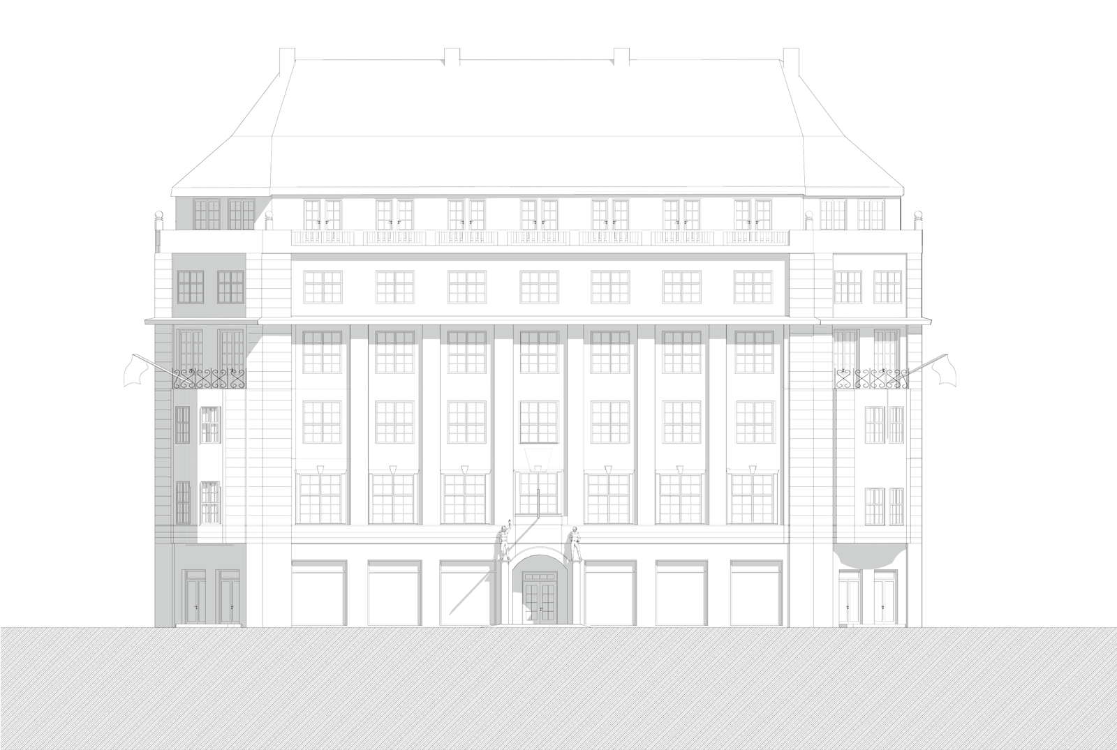 Fasade oppriss av hotell. Arkitekt tegning.
