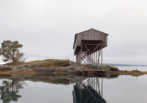 Notheng på en liten holme, vann rundt. Foto.
